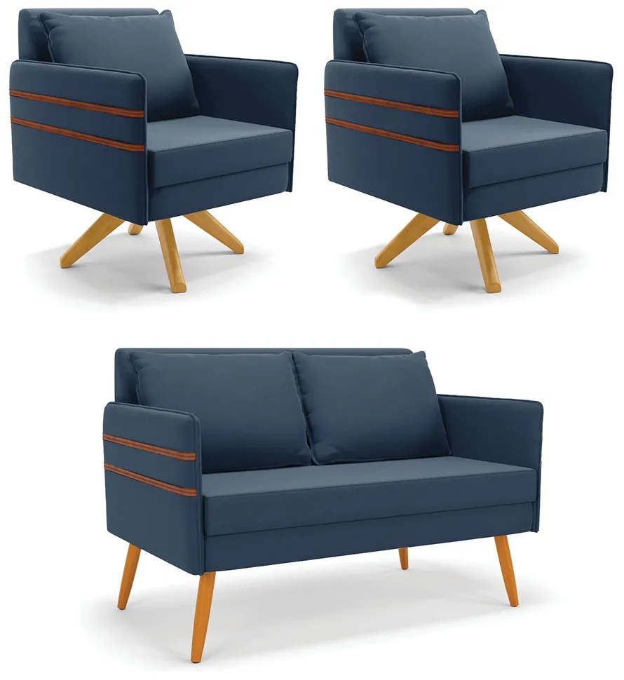 Kit 01 Namoradeira 02 Lugares e 02 Poltronas Mari Suede Base de Madeira MA30 - D'Rossi - Azul Marinho