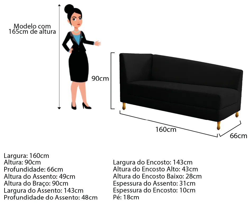 Recamier Valéria 160cm Lado Esquerdo Suede Preto - ADJ Decor