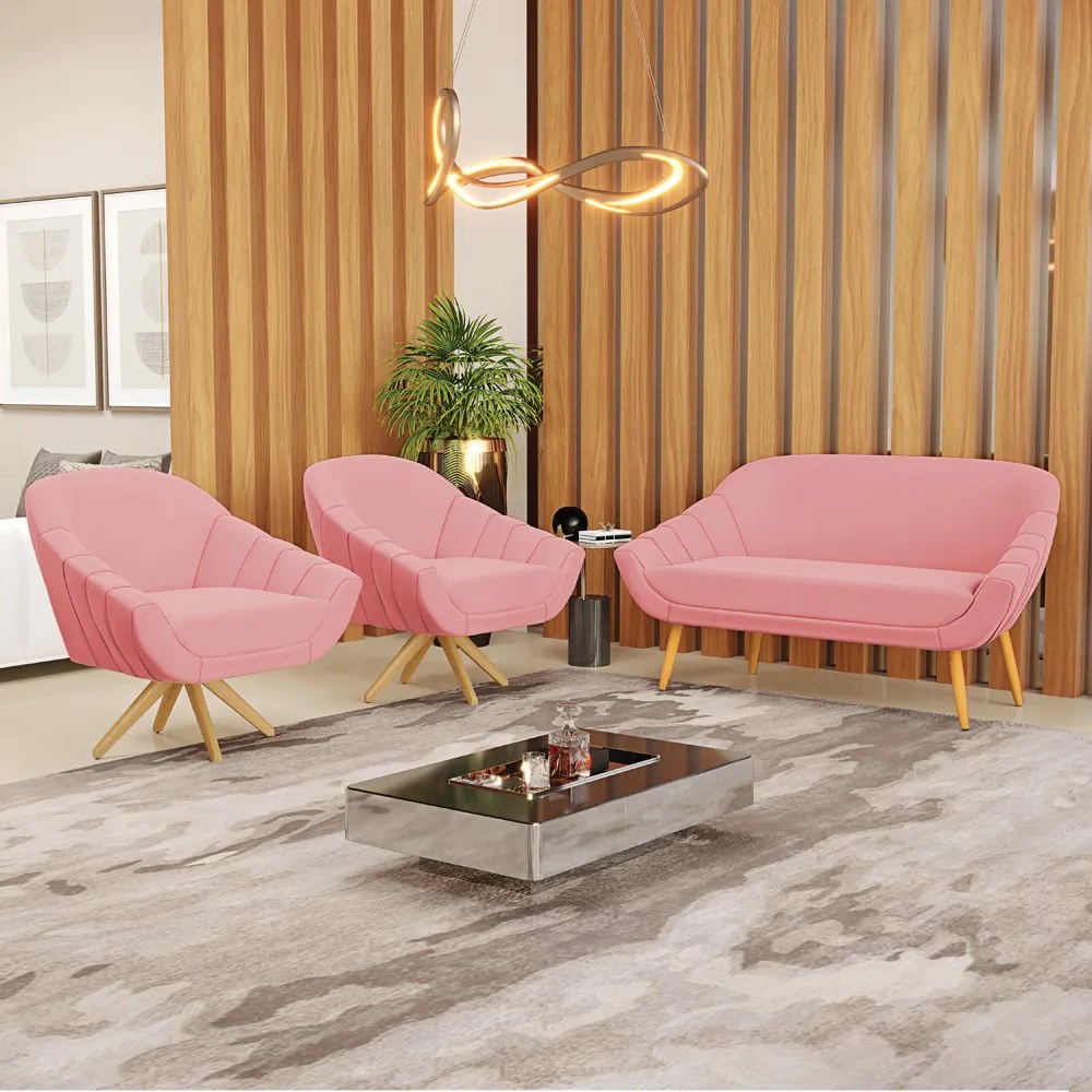 Kit 01 Namoradeira 02 Lugares e 02 Poltronas Giratória Giovana Suede Rose Base Madeira MA30 - D'Rossi