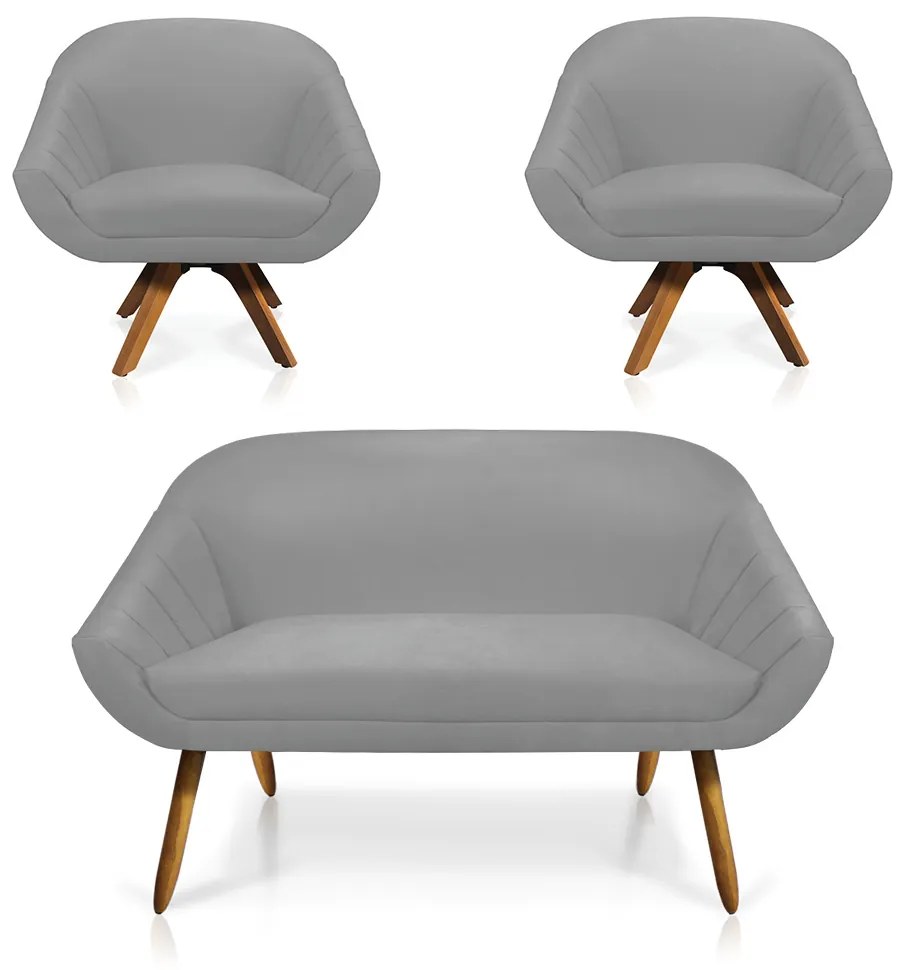 Kit 01 Namoradeira 02 Lugares e 02 Poltronas Giratória Giovana Suede Cinza Base Madeira MM30 - D'Rossi