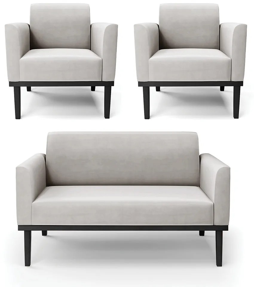 Conjunto 2 Poltronas e 1 Namoradeira Decorativa Isabella Pés Fixo em Madeira Preto Veludo Cinza G19 - Gran Belo