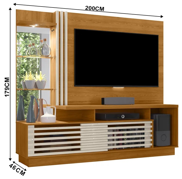 Estante de TV 60 Pol 200cm Sala de Estar Lumari M20 - D'Rossi - Cinamomo e Off White