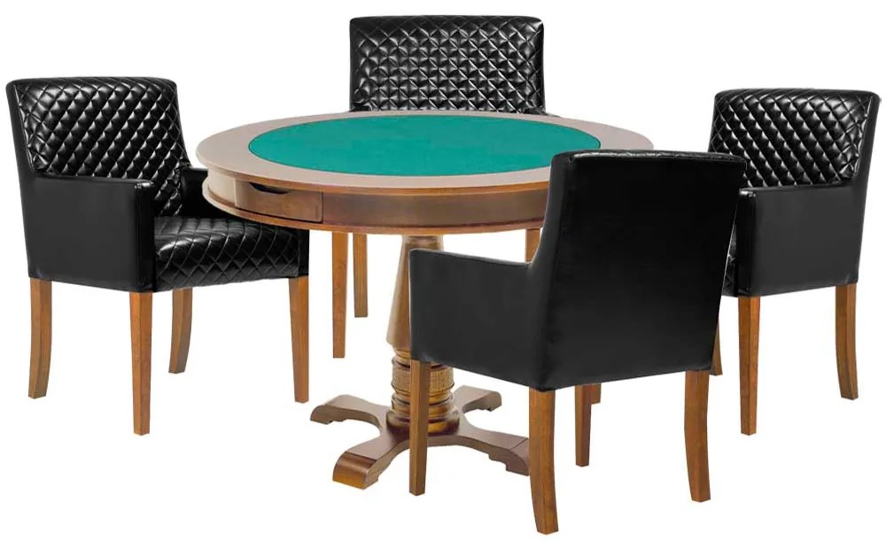 Mesa de Jogos Carteado Victoria Redonda Tampo Reversível Amêndoa com 4 Cadeiras Liverpool PU Sintético Preto Matelassê G36 G15 - Gran Belo