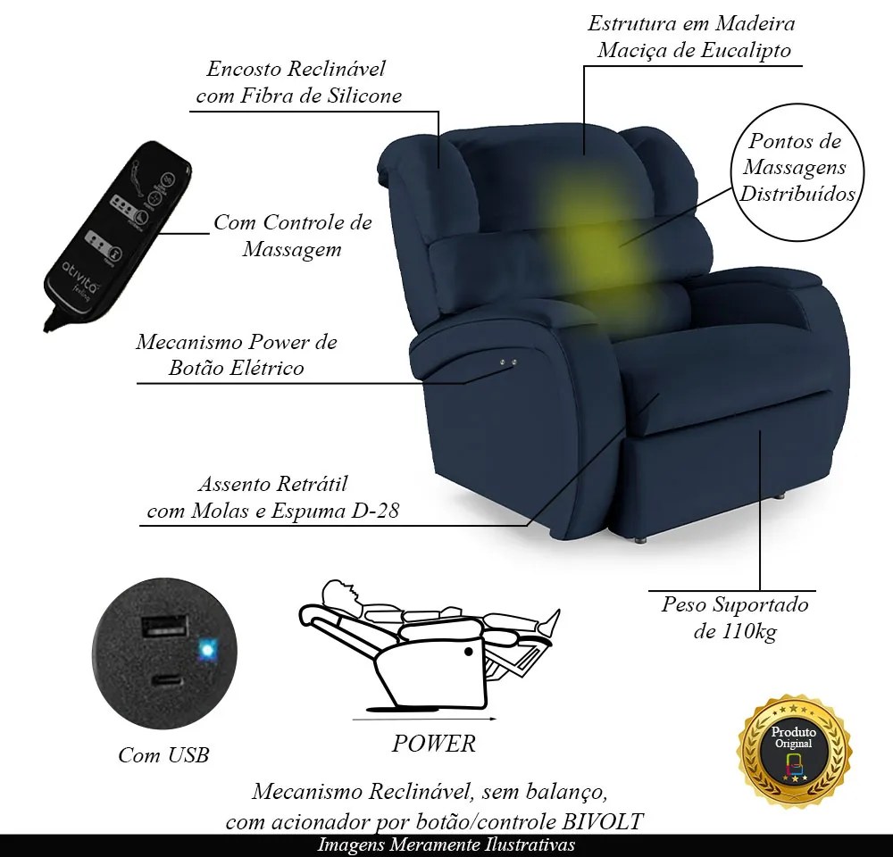 Poltrona do Papai Reclinável Napoli Power Touch Massagem PU FH1 - D'Rossi - Azul
