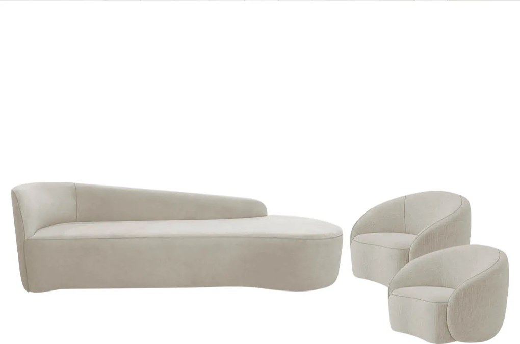 Kit Divã Recamier Orgânico França 220cm Lado Direito e 2 Poltronas Amore Linho