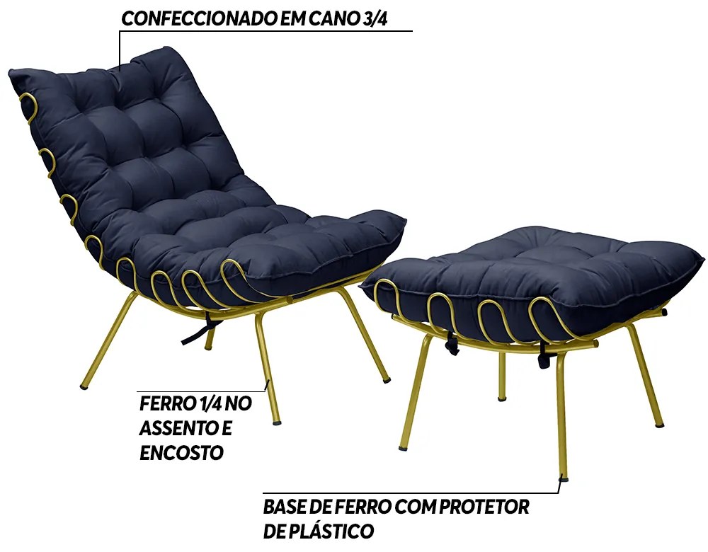 Conjunto Decorativo Poltrona e Puff Abel Base de Ferro Dourada Veludo Azul G41 - Gran Belo