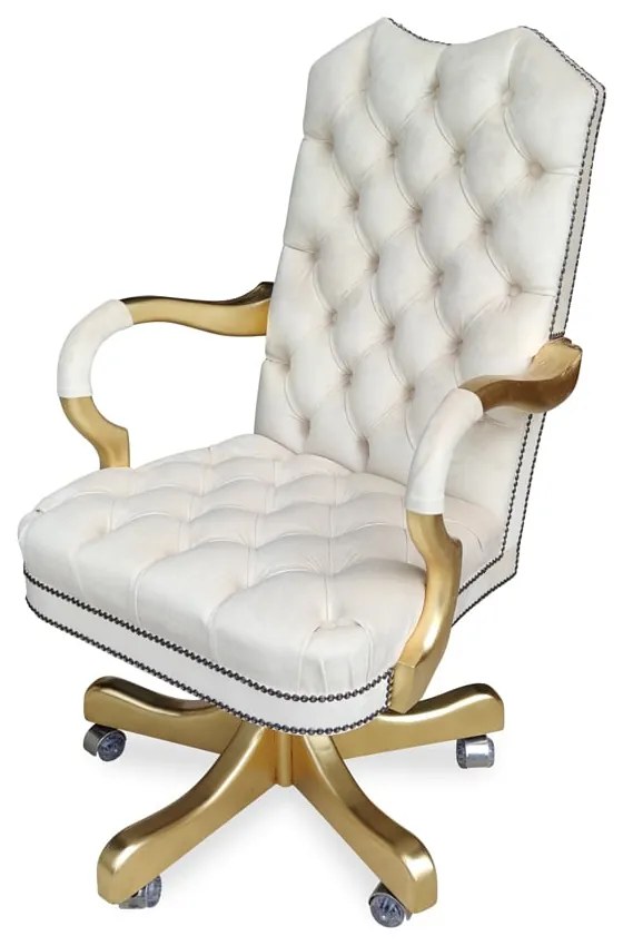 Poltrona Giratória Luxo Pintura Folha de Ouro Capitonê com Tachas Ajuste de Altura e Relax Estrutura Madeira Eucalipto Base com Rodízios Design Clássi
