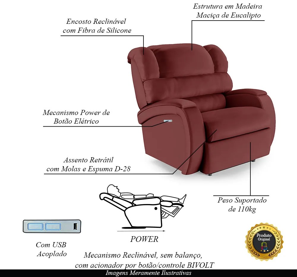 Poltrona do Papai Sala de Cinema Reclinável Kylie Elétrica Botão com Led USB PU Vermelho G23