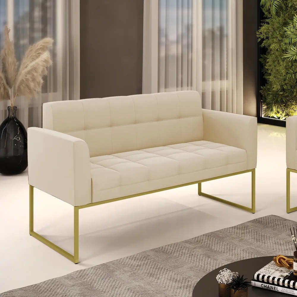 Sofá Namoradeira Elisa Suede Base Metálica Industrial Dourado - D'Rossi - Bege