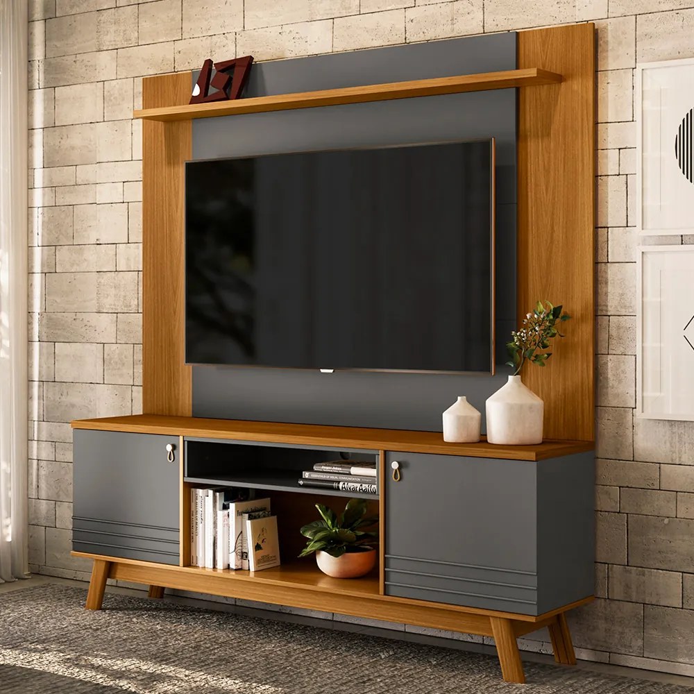 Conjunto Painel Extensível e Rack Tremonti/Cronos TV até 75 Polegadas Nature/Chumbo G77 - Gran Belo