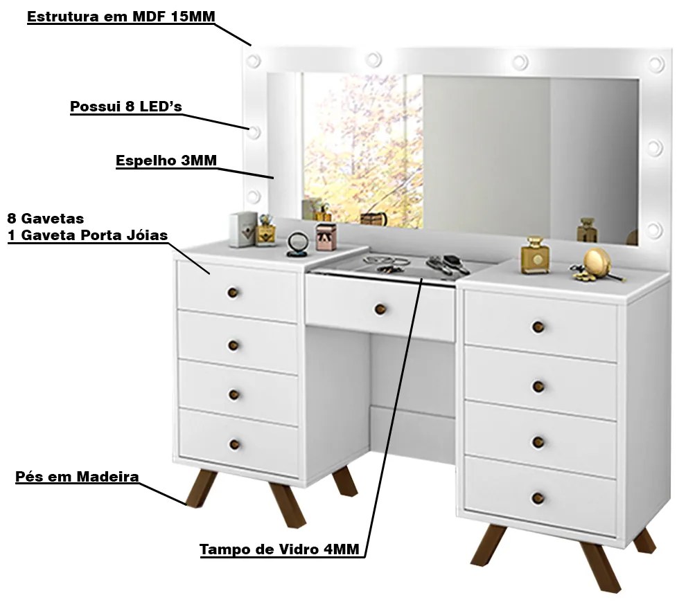 Penteadeira Decorativa 8 Gavetas Porta Joias com Tampo de Vidro Finn Branco G37 - Gran Belo
