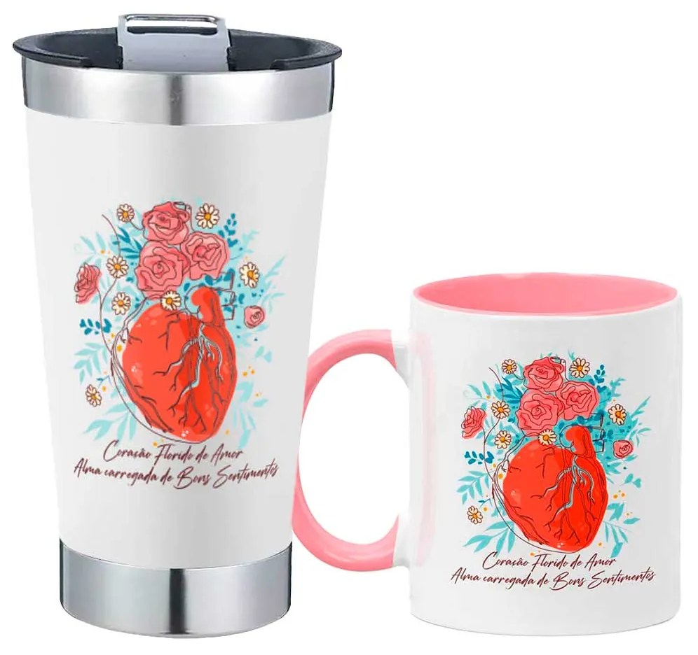 Kit Copo Térmico Com Abridor e Caneca Coração Florido de Amor
