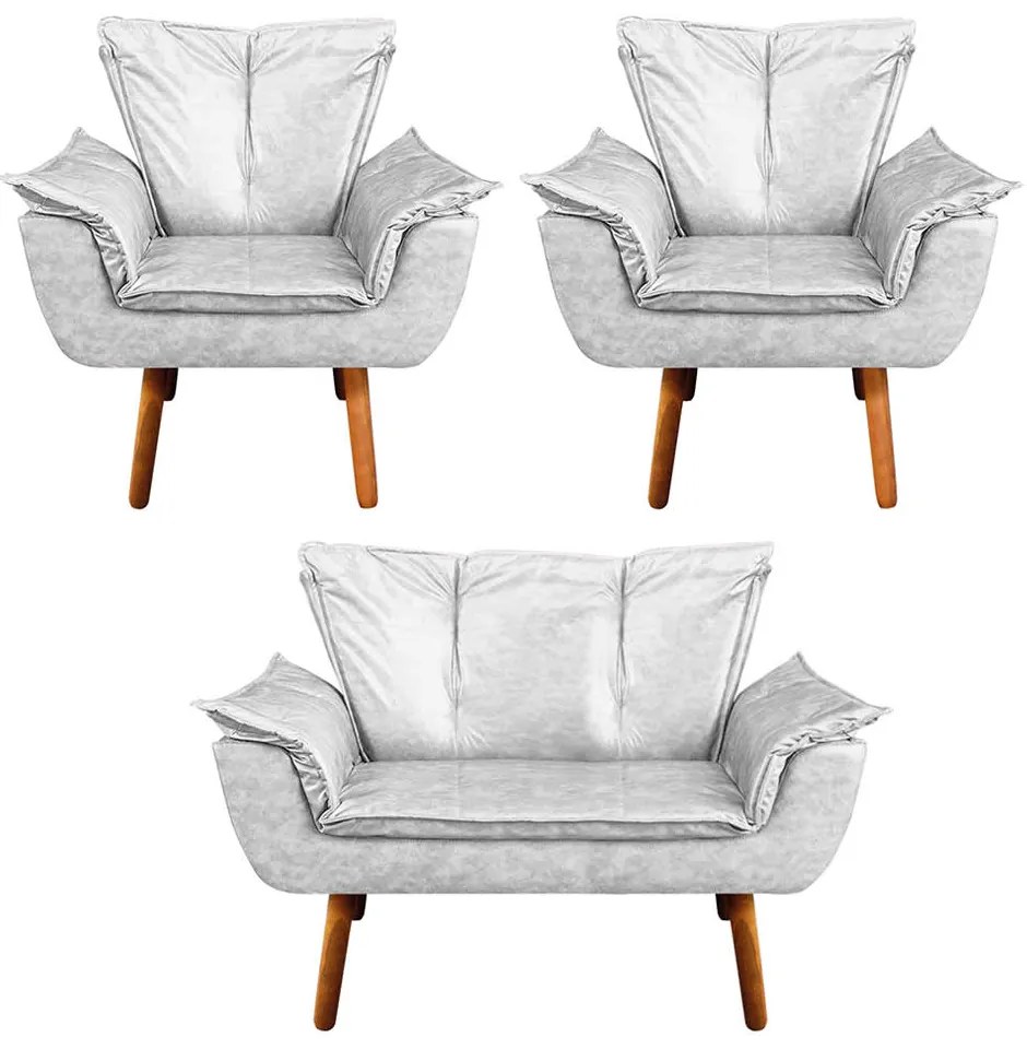 Namoradeira e 2 Poltronas Pé Palito Castanho Opala Corano D03 - D'Rossi - Branco