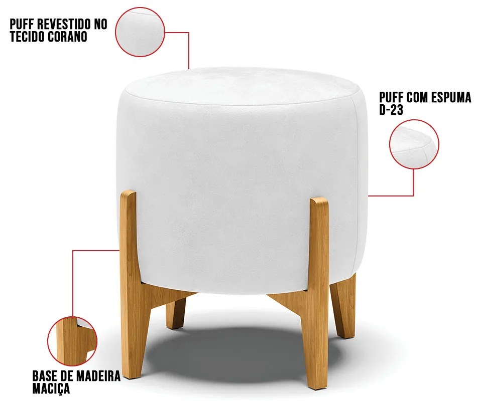 Puff Stella Corano Branco Base Madeira Castanho - D'Rossi