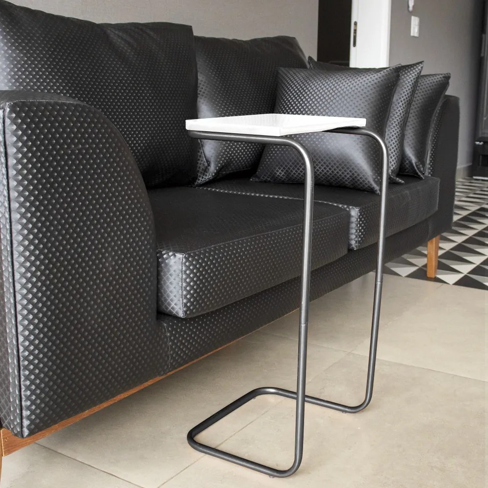 Mesa Lateral Tampo Branco Multiuso Para Sofá Base Preto - D'Rossi