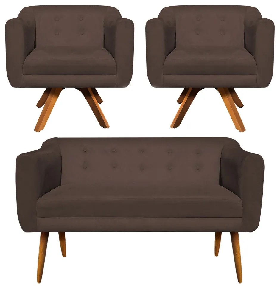 Kit 01 Namoradeira 02 Lugares e 02 Poltronas Giratória Julia Suede Marrom Base Madeira MM30 D'Rossi