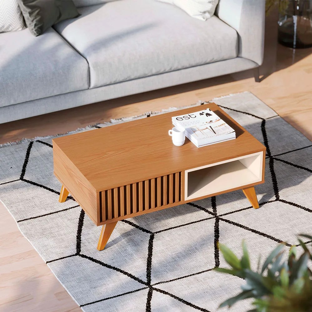 Mesa de Centro Para Sala Retangular 1 Nicho Karin C04 - D'Rossi - Freijó e Off White Matte