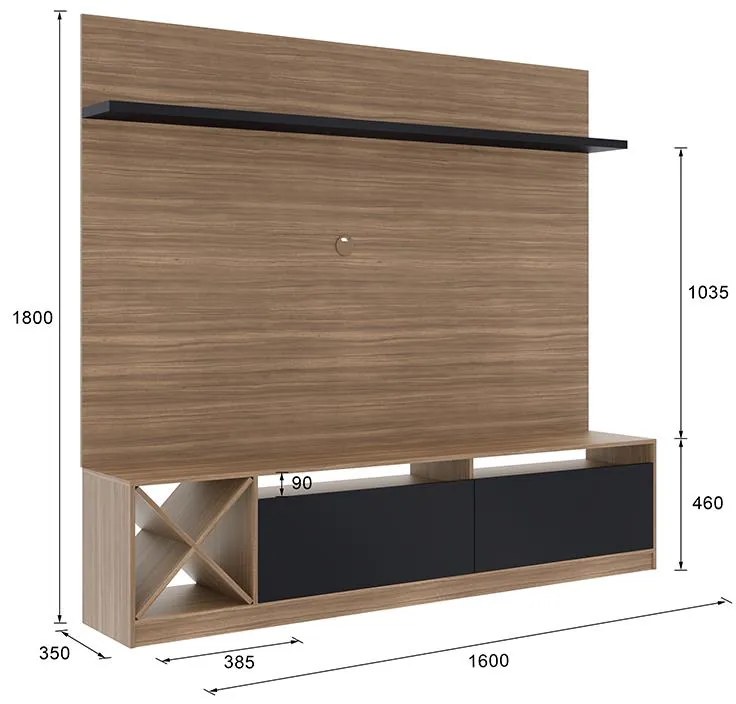 Painel Home Suspenso Sala Para Tv 2 Portas E 5 Prateleiras