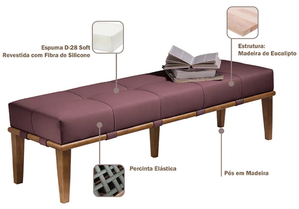 Recamier Decorativo 160cm Martínez Veludo Pés Madeira Rosa/Mel G62 - Gran Belo