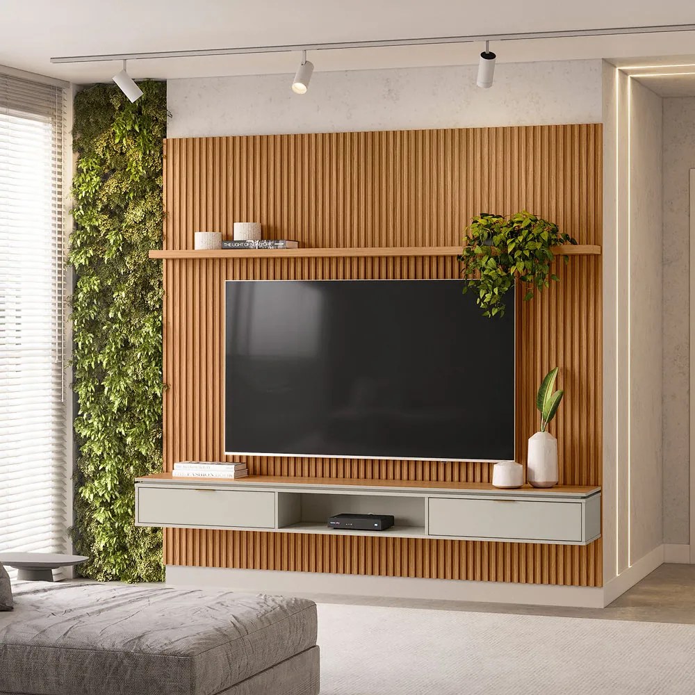 Painel para TV até 75 Polegadas Ripado Marisa com Nicho Bancada e Tampo Sobreposto Chanfrado Nature e Off White 219x250 cm L04 - D'Rossi