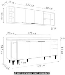 Armário de Cozinha CP13 e Tampo 178cm Pérola M24 Preto      - Mpozenat