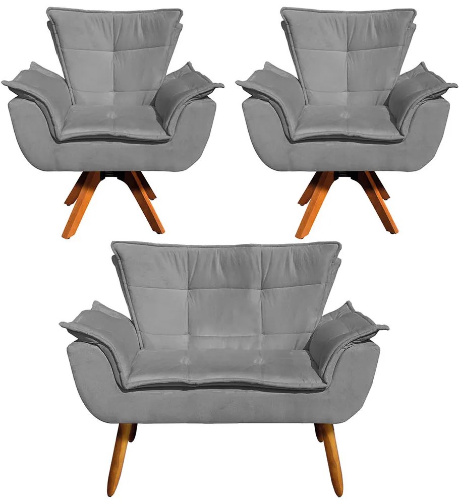 Sofá Namoradeira e 2 Poltronas Giratória MM30 Opala Suede D03 - D'Rossi - Grafite