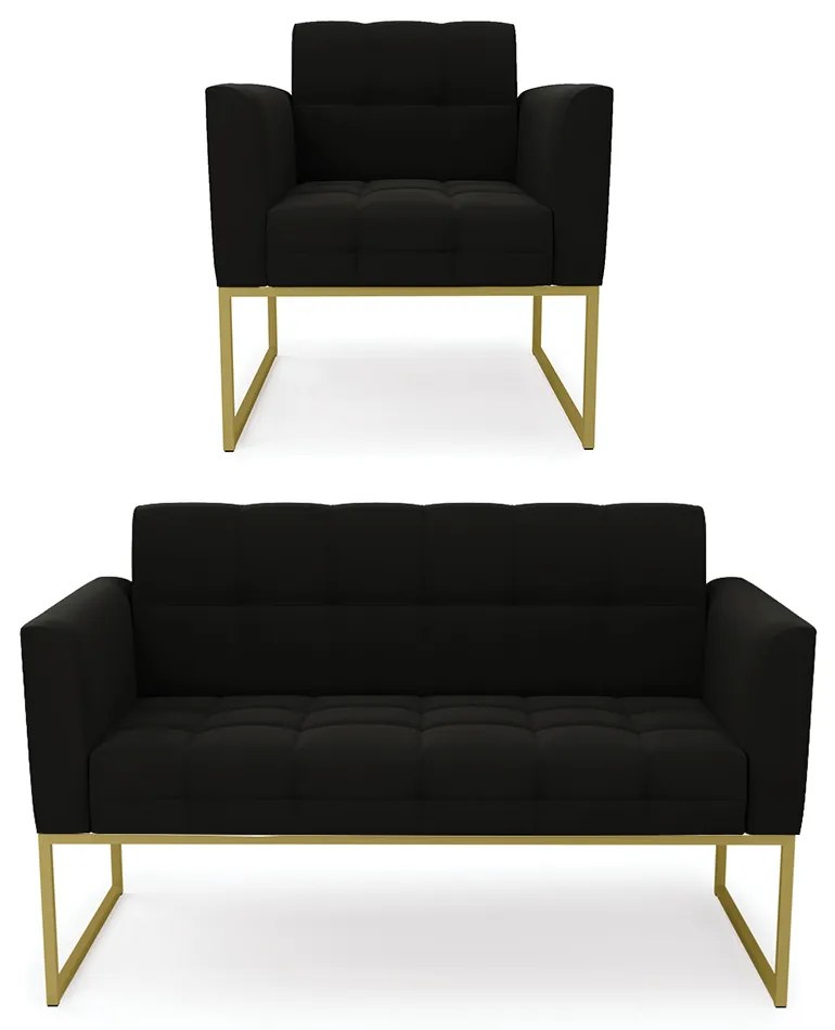 Kit 1 Sofá Namoradeira e 1 Poltrona Elisa Suede Base Metálica Industrial Dourado - D'Rossi - Preto