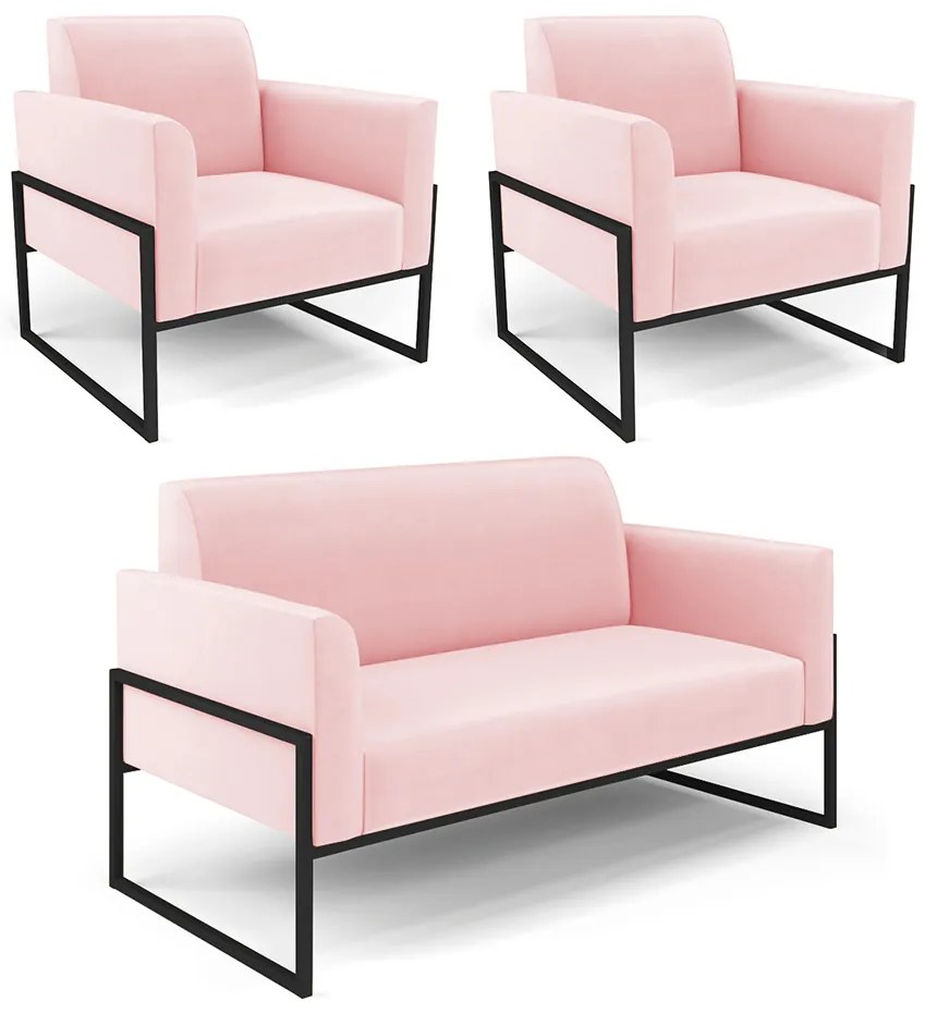Sofá Namoradeira com 2 Poltronas Base Industrial Alta Preto Marisa Suede D03 - D'Rossi - Rosa Bebê