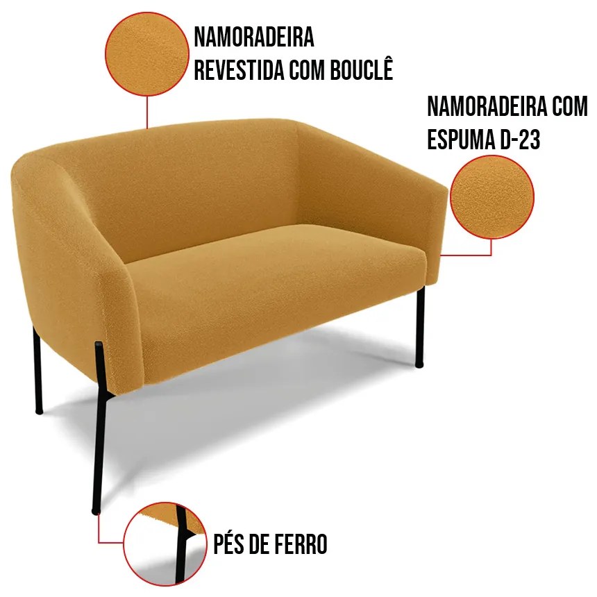 Namoradeira e 2 Poltronas Pé Ferro Preto Stella Bouclê D03 - D'Rossi - Mostarda