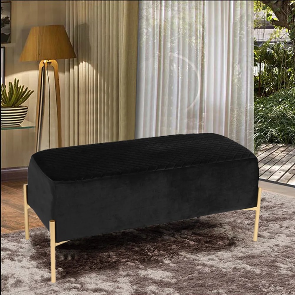 Puff Ket Veludo Preto Matelassê Base Metálica Dourada - D'Rossi
