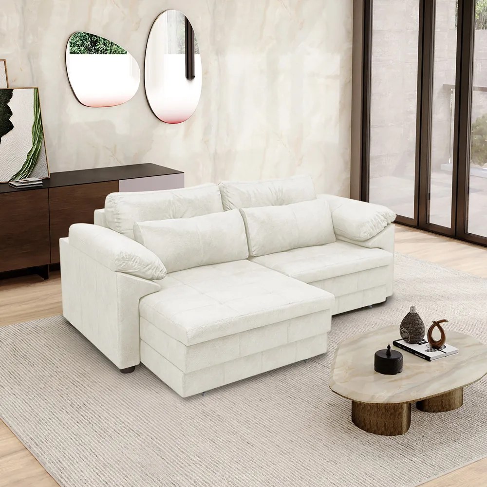 Sofá Retrátil Manual Sala de Estar Nolan Bipartido 175cm Conforto Premium em Couro Branco Manchado G58 - Gran Belo