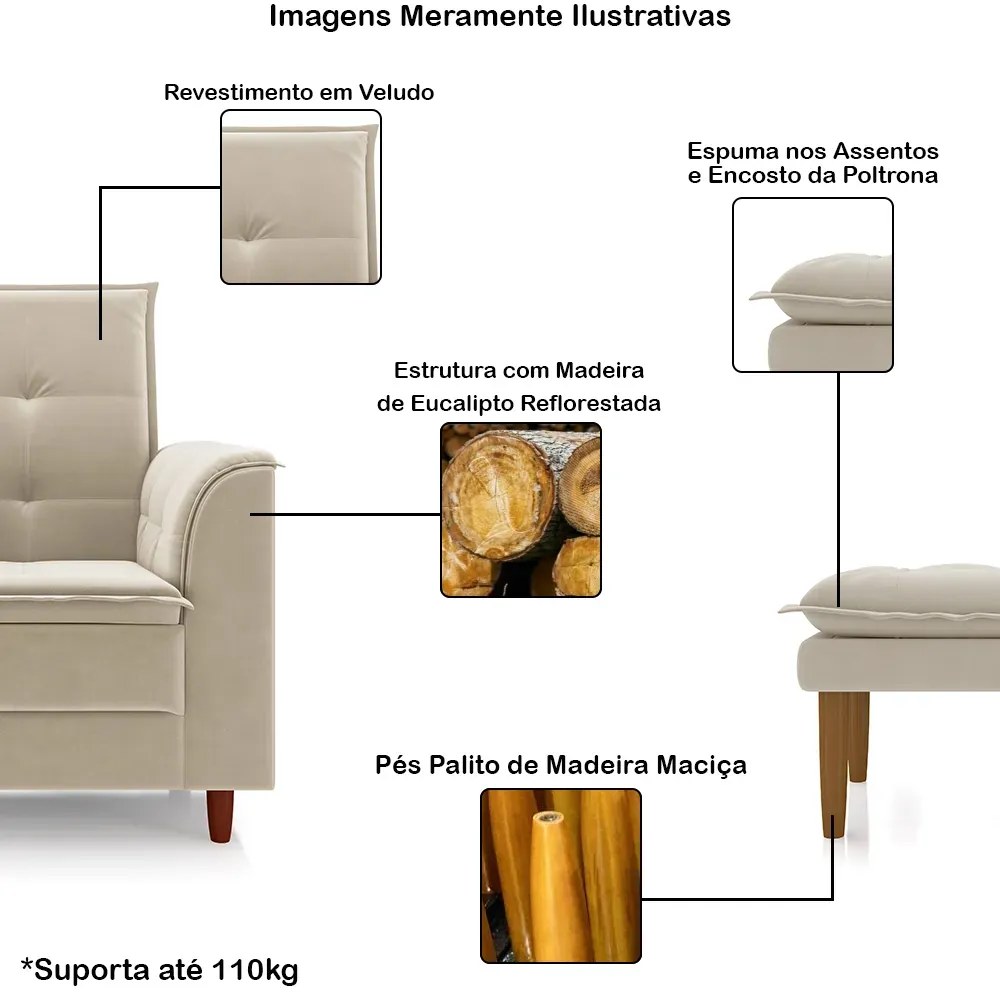 Poltrona de Amamentação com Puff Líria Suede Bege Pé de Madeira N03 - D'Rossi
