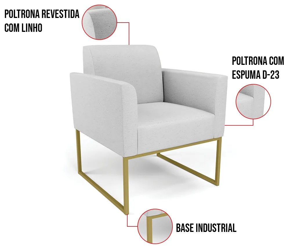 Kit 2 Poltronas Base Industrial Dourado Marisa Linho - A05 Cinza