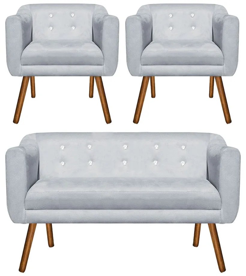 Kit 01 Namoradeira 02 Lugares e 02 Poltronas Julia Suede Cinza com Strass Pés Palito Castanho D'Rossi