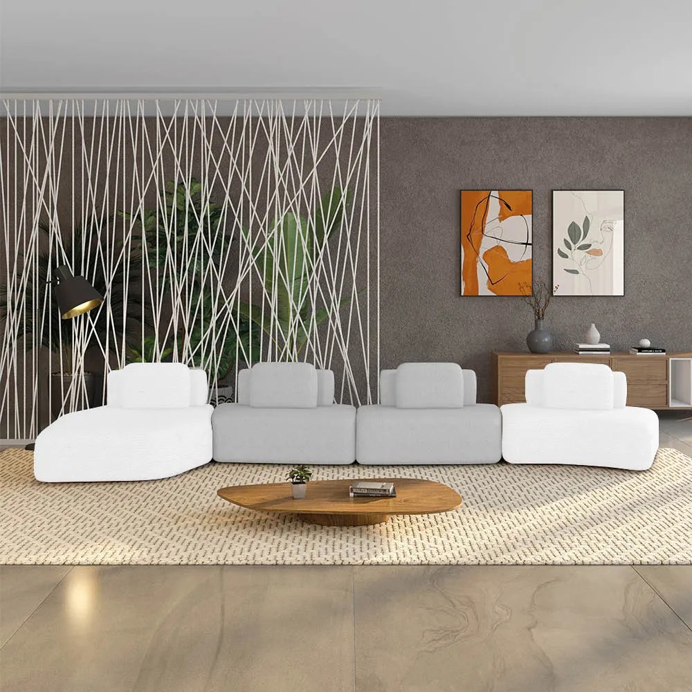 Sofá 4 Lugares Orgânico com Chaise e 3 Módulos Berlim Bouclê Off K01 - D'Rossi - Off White/Cinza Claro