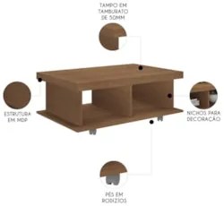 Mesa de Centro 90cm Para Sala Tamburato 50mm Kael Cinamomo A09 - Mpoze