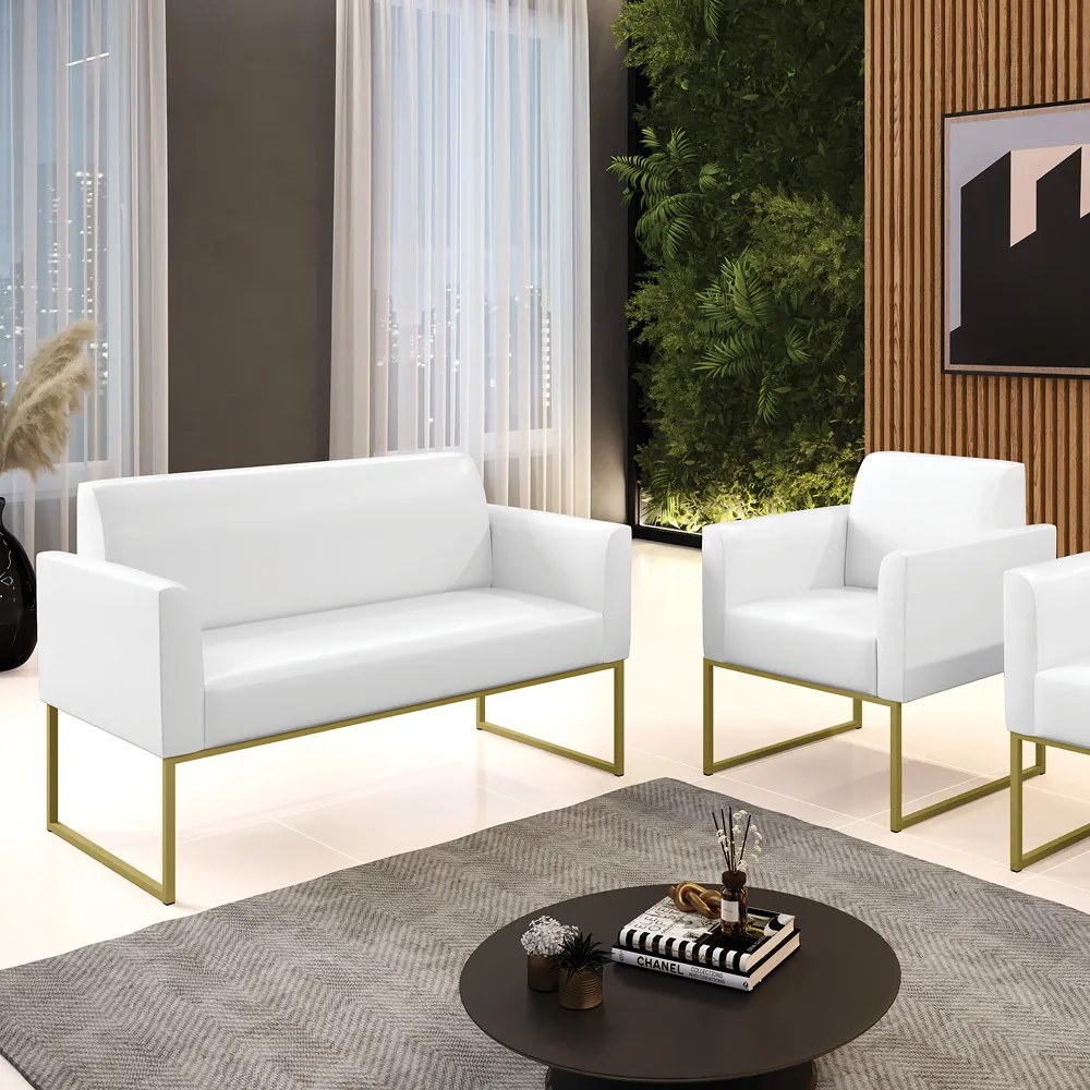 Sofá Namoradeira com Poltrona Base Industrial Dourado Marisa Corano D03 - DRossi - Branco