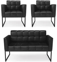 Sofá Namoradeira e 2 Poltronas Base Industrial Preto Ana Sintético PU