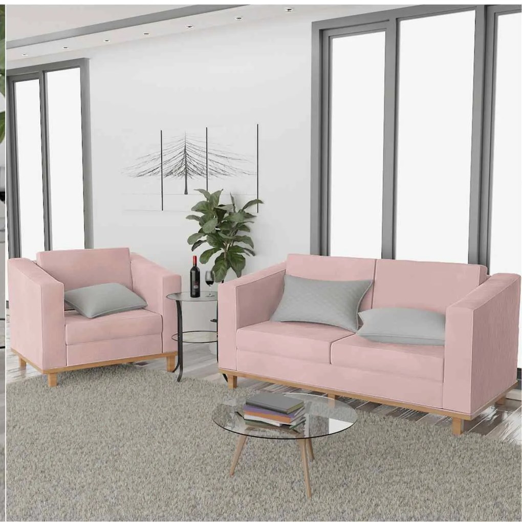 Kit Sofá 2 Lugares e Poltrona Europa Linho Rosê ADJ Decor
