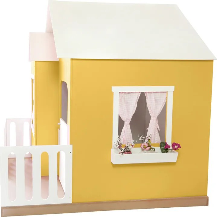 Casinha de Brinquedo Artesanal Janela Lateral Versátil com Cortinas MDF Amarelo/Branco L12 - Gran Belo