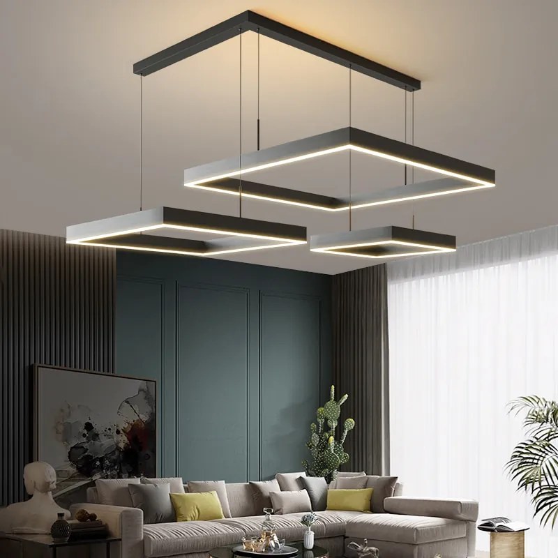 Pendente  Led moderno lustre de teto sala estar concisa pendente lâmpada sala jantar quadrado nordic lâmpadas led teto luzes da sala estar - Black Square 60cm - Brilho regulável