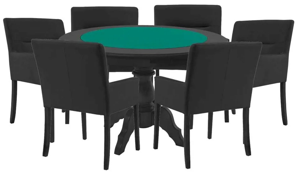 Mesa de Jogos Carteado Redonda Montreal Tampo Reversível Preto com 6 Cadeiras Vicenza Preto Fosco G36 G15 - Gran Belo