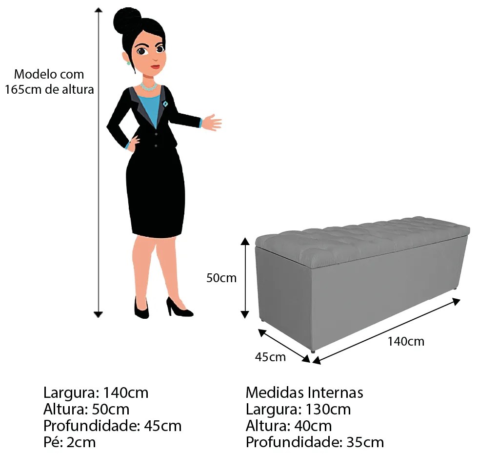 Calçadeira Estofada Liverpool 140 cm Casal Corano Cinza - ADJ Decor