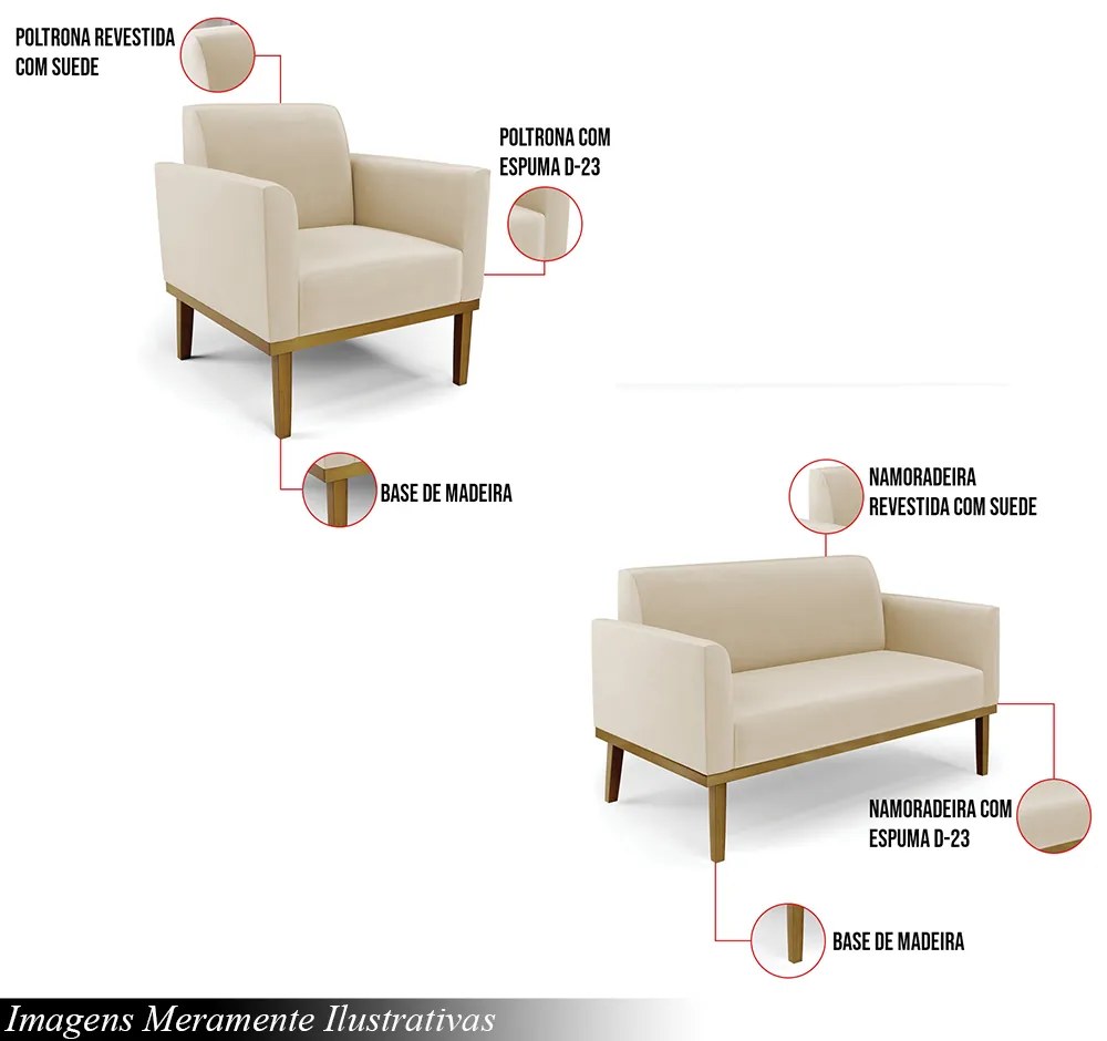 Conjunto 2 Poltronas e 1 Namoradeira Decorativa Isabella Pés Fixo em Madeira Castanho Suede Bege G19 - Gran Belo