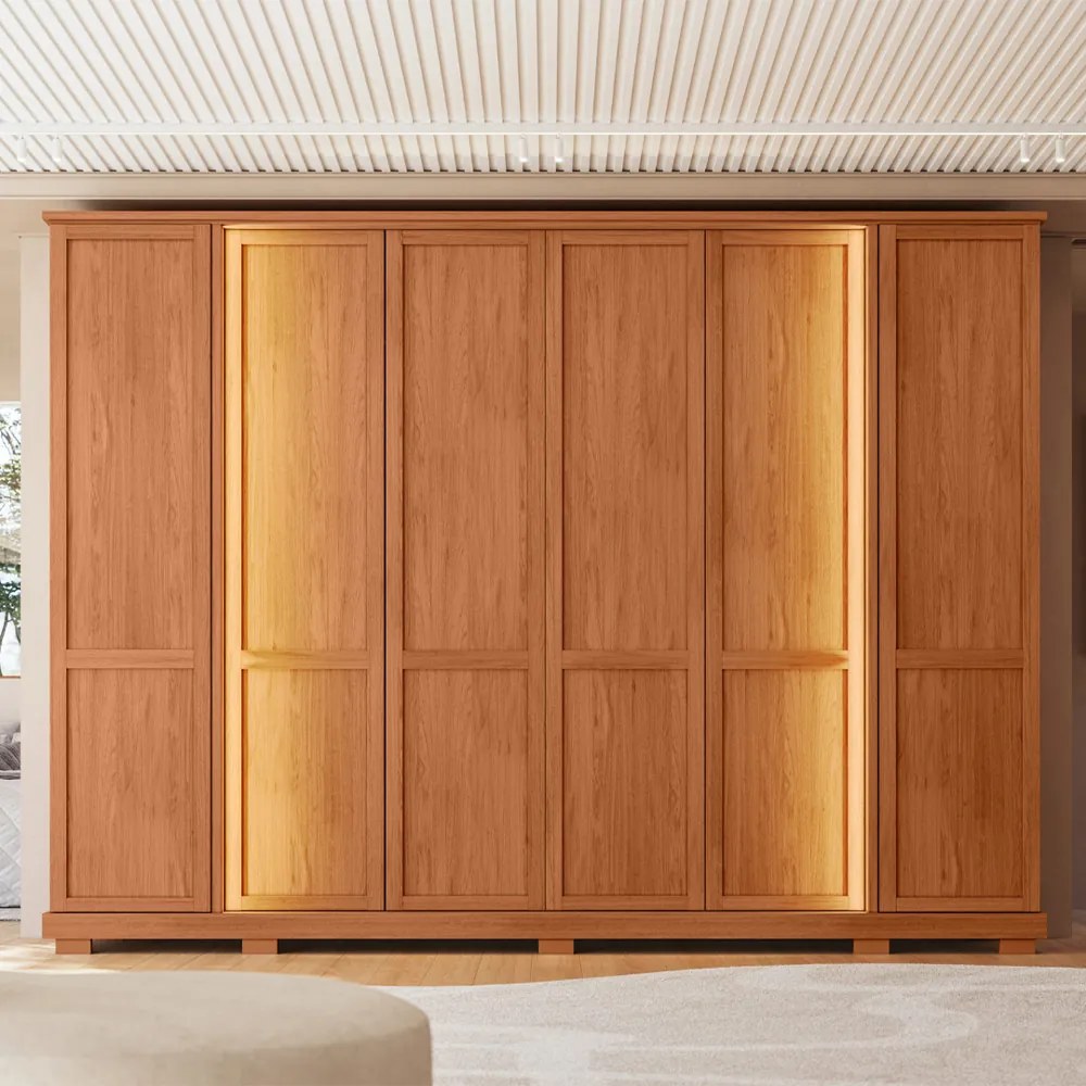 Guarda Roupa Casal Magno 6 Portas de Bater 4 Gavetas e LED MDF Freijo G11 - Gran Belo