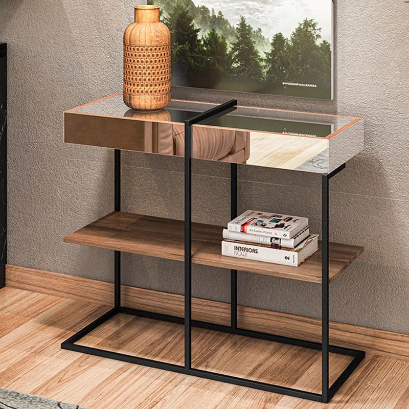 Aparador com Espelho Pés de Metal 91cm Aurora Marrom/Preto - Home Design - Marrom