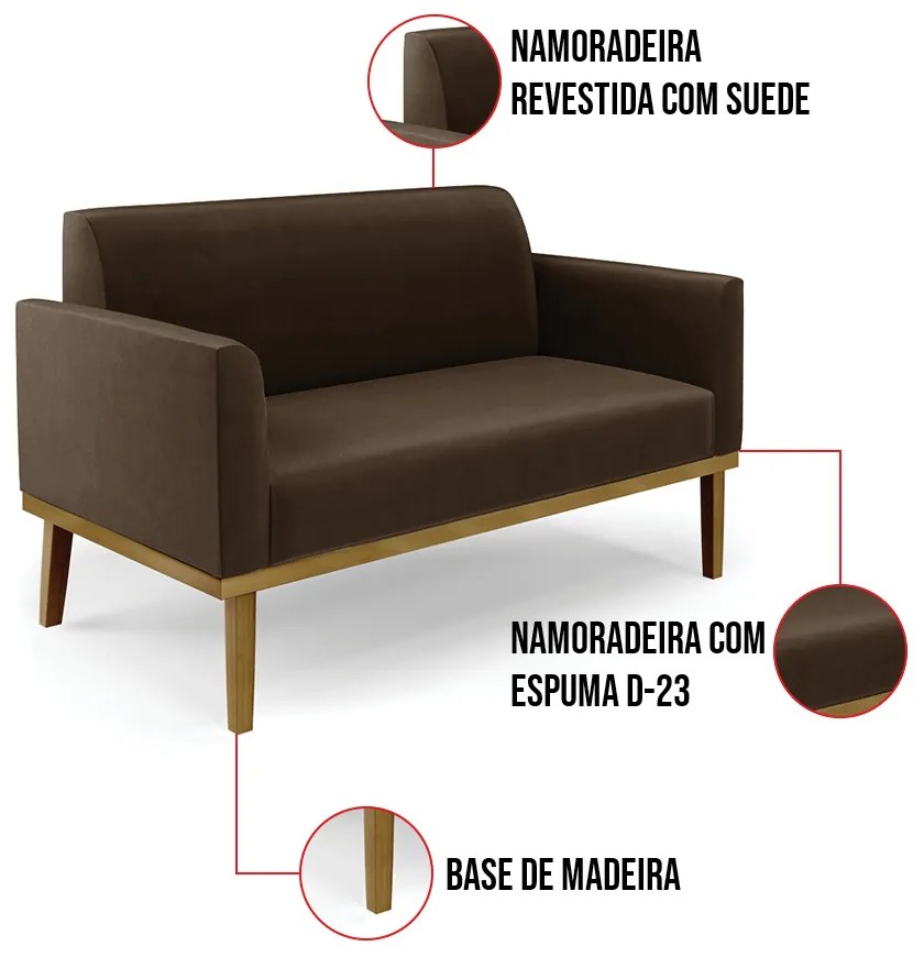 Sofá 2 Lugares Namoradeira Marisa Base Madeira Castanho Suede D03 - D'Rossi - Marrom
