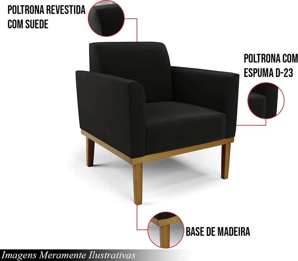 Kit 2 Poltronas Decorativas Isabella Pés Fixo em Madeira Castanho Suede Preto G19 - Gran Belo
