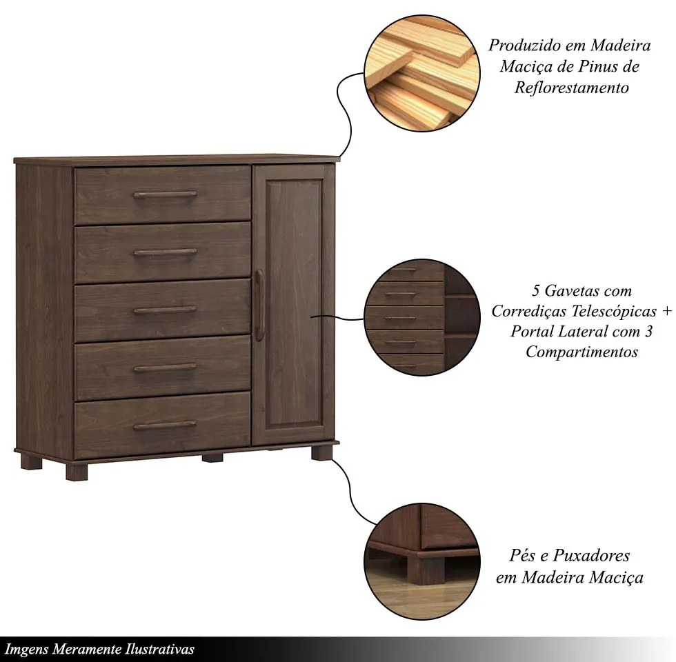 Cômoda Decorativa Madeira Maciça Naipe 5 Gavetas Café G74 - Gran Belo