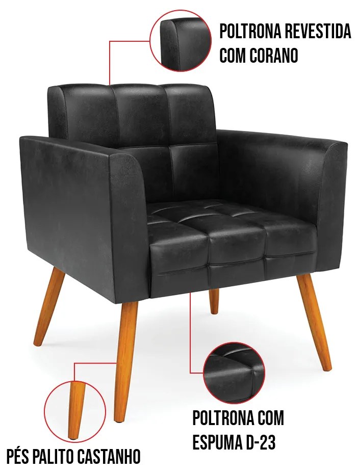 Kit 1 Sofá Namoradeira e 2 Poltronas Elisa Corano Pés Palito Castanho D03 - D'Rossi - Preto